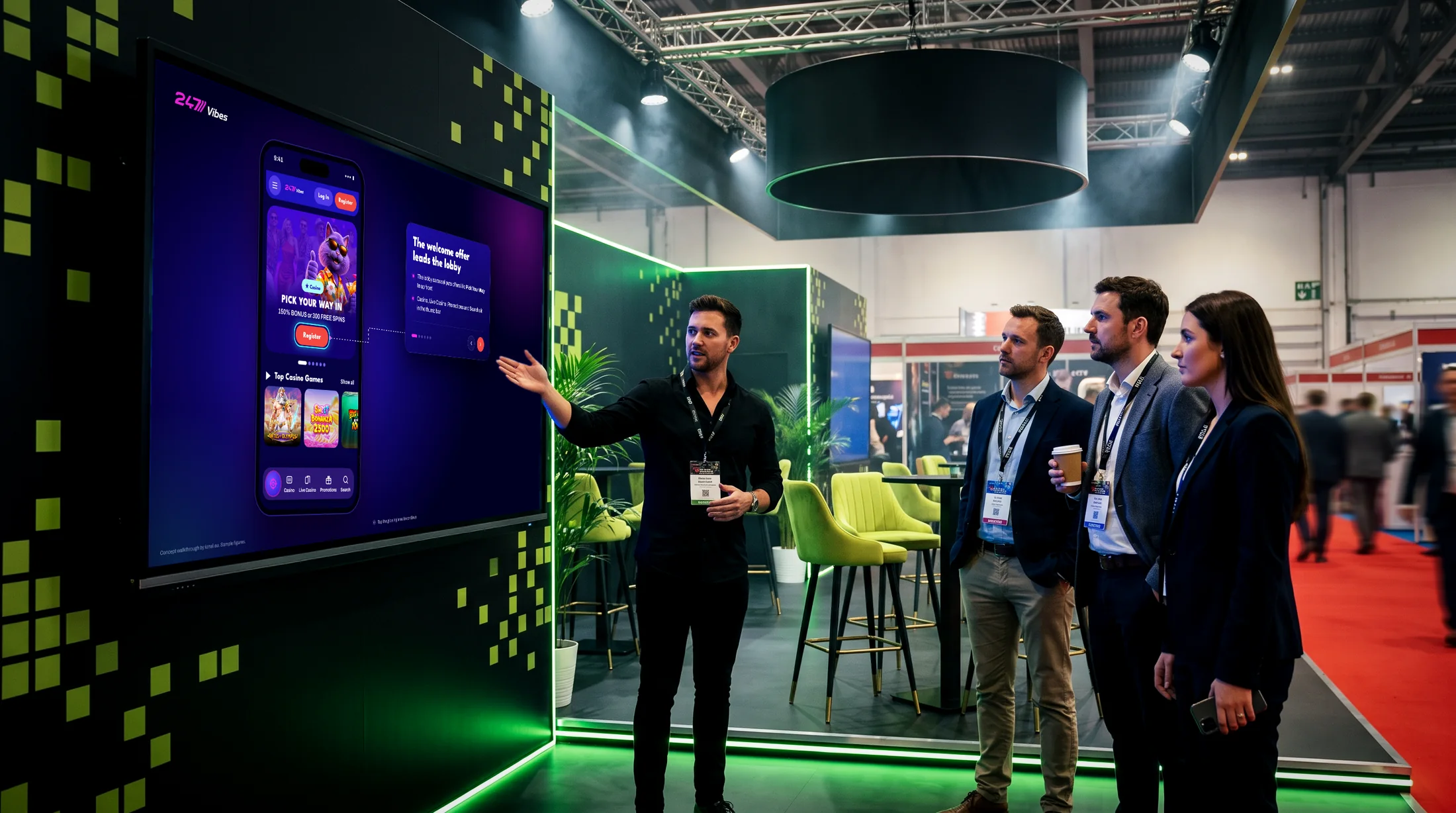 A sales rep presenting the 247Vibes mobile walkthrough on the stand touchscreen to three trade show visitors